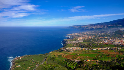 This panoramic photograph, taken at a Mirador in Los Realejos, shows the north coast of Tenerife and the Orotava Valley.