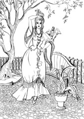  Talking parrot with a beautiful young woman. Coloring book. Birds.40