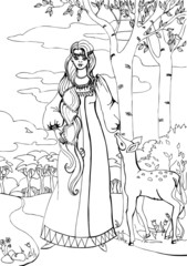 A deer with a beautiful young woman. Coloring book. 43