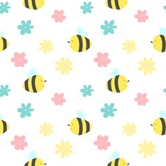 Fototapeta premium Cute seamless pattern with flying bees and flowers. Vector illustration