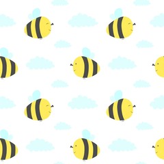 Cute seamless pattern with flying bees and clouds. Vector illustration