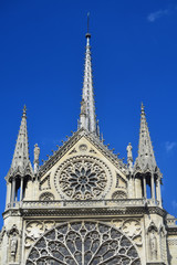 Fototapeta na wymiar Sculptural and architectural details of the Cathedral of Notre Dame in Paris, France