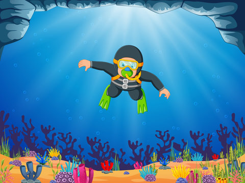 a man is diving under the blue sea with the yellow swimming glasses