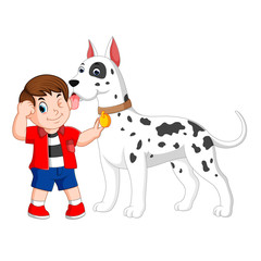 a boy with the red shirt is holding his big white dalmatian dog 