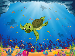 a young green turtle is swimming under the blue sea view 