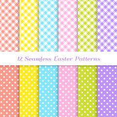 Easter Gingham and Polka Dot Vector Patterns in Coral, Yellow, Pink, Blue, Lime Green and Lavender Violet. Repeating Pattern Tile Swatches Included.