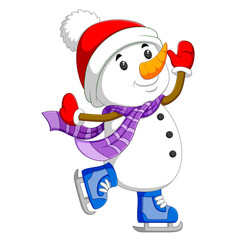 a white snowman is dancing with the blue ice skating shoes