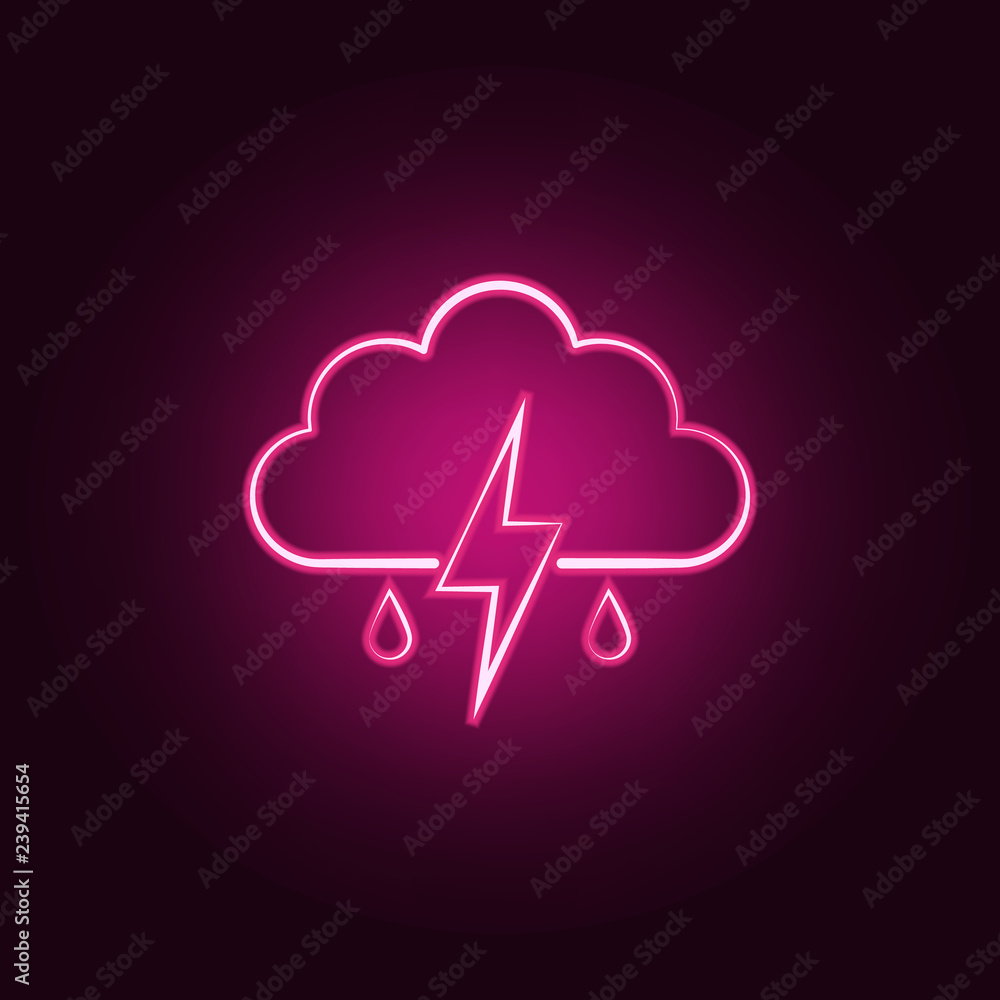 Poster rain sign with a thunder-storm icon. elements of weather in neon style icons. simple icon for websit
