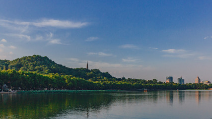 Fototapeta na wymiar Baoshi Hill and Baochu Pagoda by West Lake in Hangzhou, China