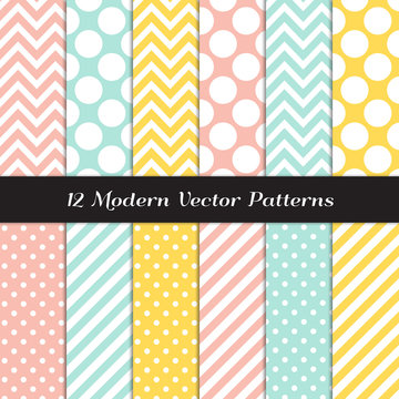 Yellow, Mint, Coral and White Polka Dots, Chevron and Candy Stripes Patterns. Modern Geometric Easter Backgrounds. Repeating Pattern Tile Swatches Included.