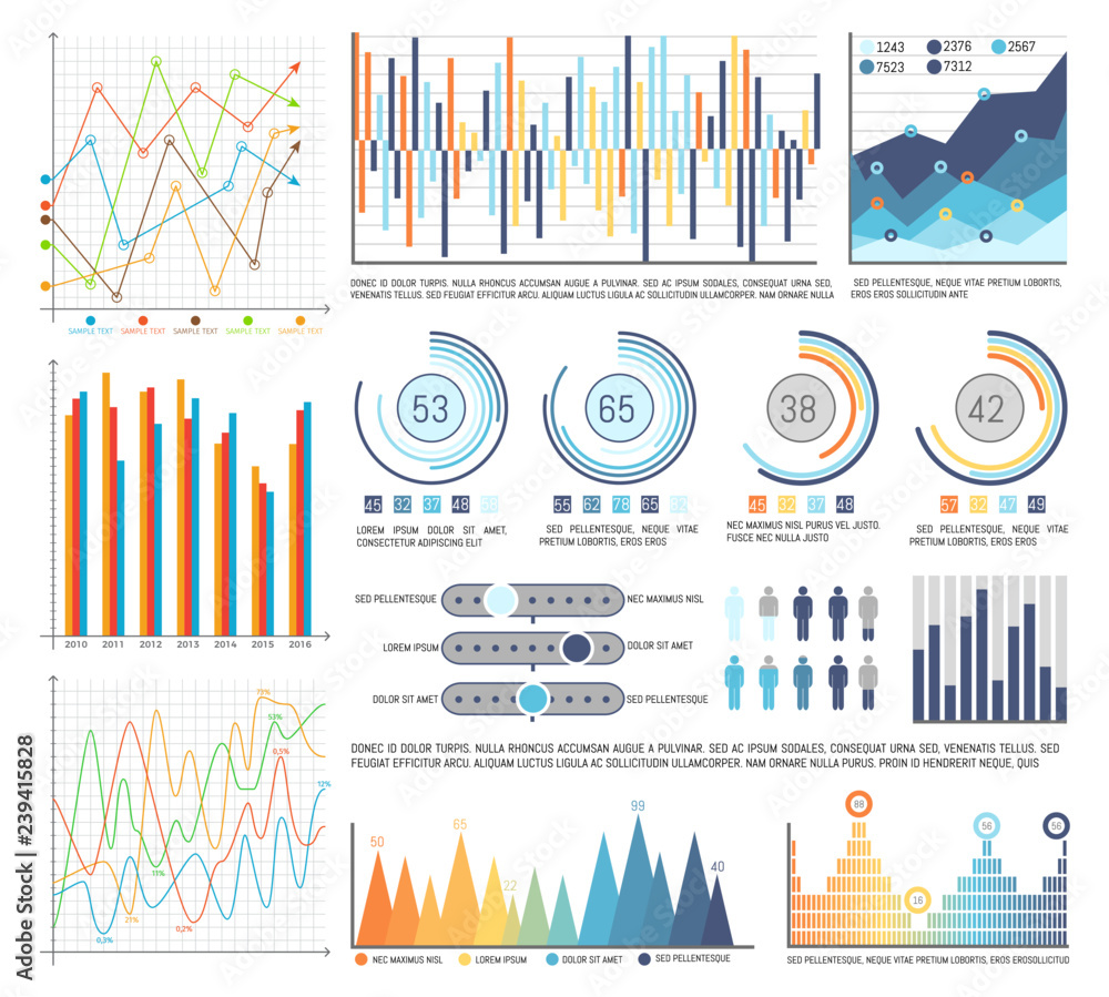 Aufkleber pie diagrams with segments and flowcharts set