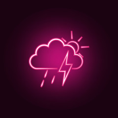 partial rain sign with a thunder-storm icon. Elements of Weather in neon style icons. Simple icon for websites, web design, mobile app, info graphics