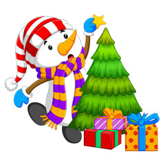 a big snowman is putting a yellow star on the christmas tree