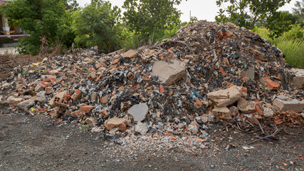 Big Heap of Concrete/ Cement Junk - Brick Wall Fragments with Plastic Garbage/ Trash - Construction