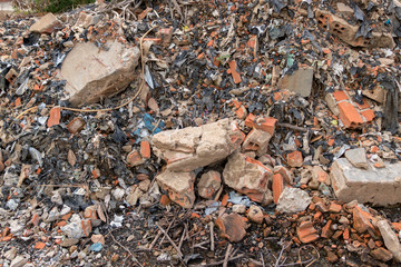 Dirty Construction Junkyard with Bricks, Concrete, Cement Wall Garbage/ Trash - Plastic Waste - Recycling for the Environment