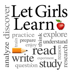 Let Girls Learn word cloud, read , write, study, red apple, isolated on white, for education, literacy projects.