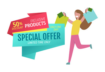 Special offer vector banner with person shopping