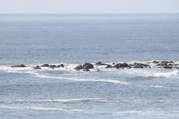 Obraz premium sea coast view with waves, sand beach and blue sky