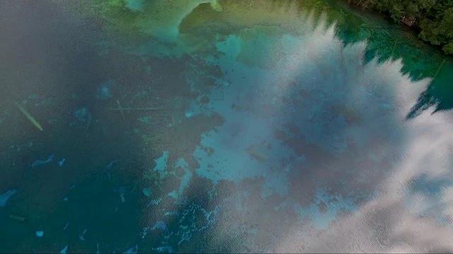 Aerial shot over calm blue water