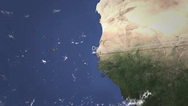 Airplane flying to Dakar, Senegal on the map, 3D animation 