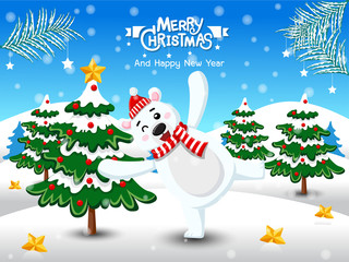 Merry Christmas. Cute Polar Bear with Red Scarf and Red hat in Christmas snow scene winter landscape. decorative element on holiday. Vector illustration.