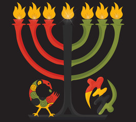 Vector illustration for Kwanzaa: sankofa bird, gye nyame and Kwanzaa Kinara candle holder.