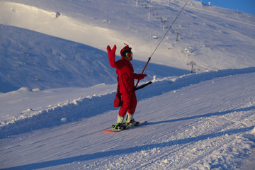 Snowboarder in funny shrimp costume