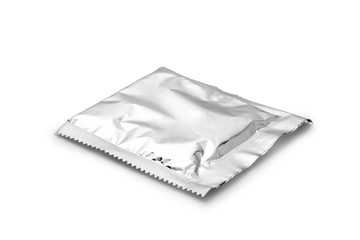 Blank silver foil packaging. Food Packing condiment, salt, sugar, spices, pepper.
