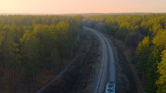 Aerial following view of the freight train carrying woods moving through the autumn forest at sunset