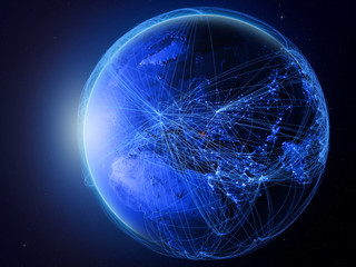 Naklejka premium Moldova from space on planet Earth with blue digital network representing international communication, technology and travel.