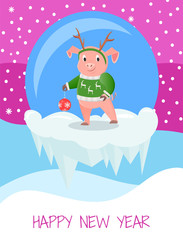 Happy New Year Postcard with Pig in Green Sweater