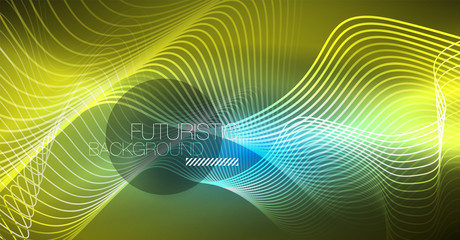 Glowing abstract wave on dark, shiny motion, Christmas and New Year magic space light. Techno abstract background