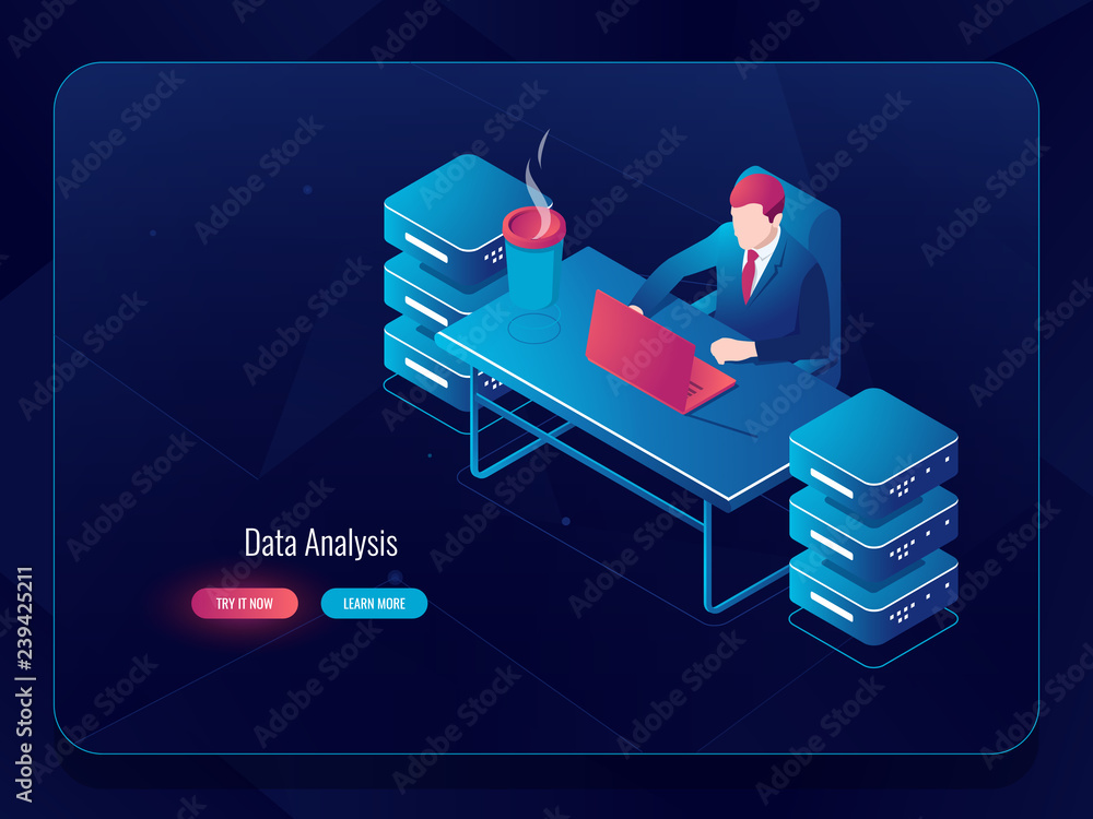 Poster network server, big data processing, system administrator programmer sitting at the table, future te