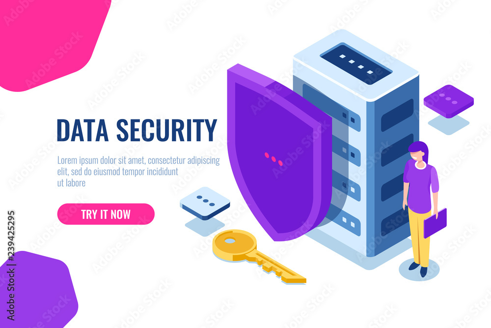 Poster data security isometric, database icon with shield and key, data lock, personal support of safety, w