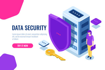 Data security isometric, database icon with shield and key, data lock, personal support of safety, women with laptop in hand, cartoon