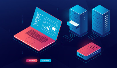 Laptop pc with data processing on screen, cloud computing, isometric server room element, server cabinet rack, file cloud storage manager, dark neon