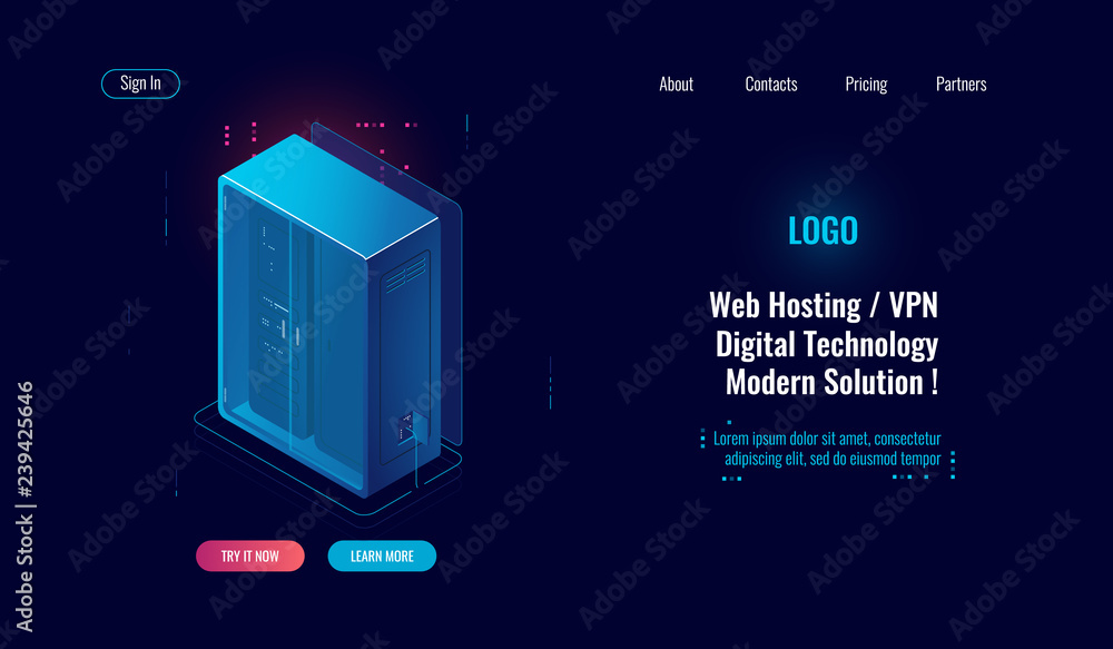 Poster set of server room icons, data center and database, futuristic data prcessing, cloud storage isometr