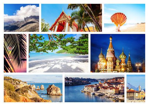 Travel collage. Different destination from over the world for vacation and travel Can be used for cover design, brochures, flyers. With space for text