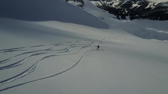 Drone tracking telemark skier descending vast powder slope in backcountry