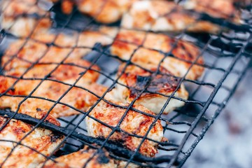  chicken grilled shashlik on the grill. Fried crust.