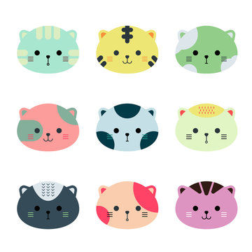 Cute animal cats face hand drawn style.