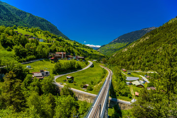 Railroad in Alps mountains valley, Moerel, Filet, Oestlich Raron, Wallis Valais Switzerland
