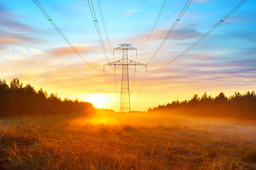 Power lines and sunrise landscape - Powered by Adobe