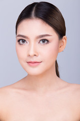 Obraz premium Clean Skin Woman straight black hair with Smooth pose open shoulder smile