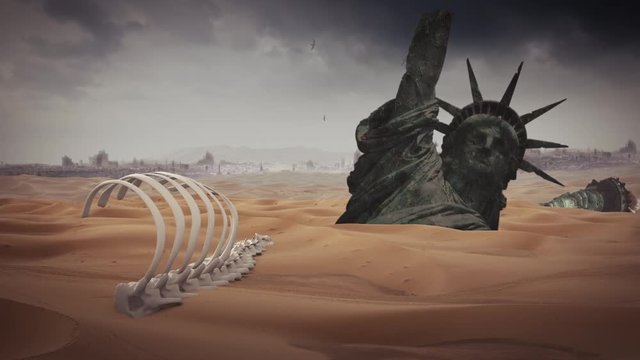 Sanded Liberty Zoom is a video apocalyptic in nature with a ruined statue of Liberty buried in the sand and camera zooming toward her.