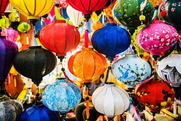 colorful paper lamps for sale at a shop in Vietnam	