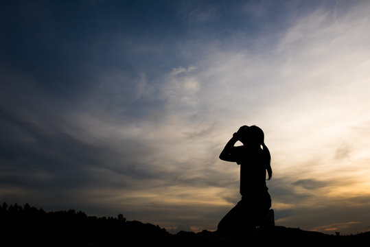 Silhouette Of Woman Praying With God