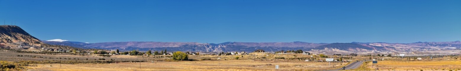 Panorama Landscapes views from Road to Flaming Gorge National Recreation Area and Reservoir driving north from Vernal on US Highway 191, in the Uinta Basin Mountain Range of Utah United States, USA