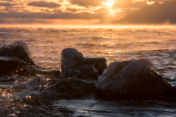 Fototapeta na wymiar The icy stones on the shore of Lake Baikal