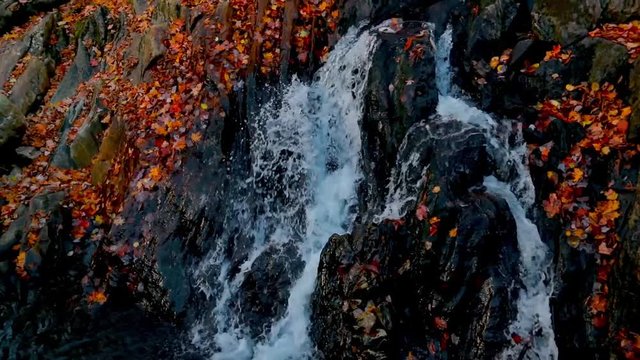 A Vermont autumn waterfall with a vertical pan in slo motion